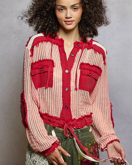 POL Texture Woven Button Down Hooded Shirt with Drawstring Hem - Sleekdenim.com