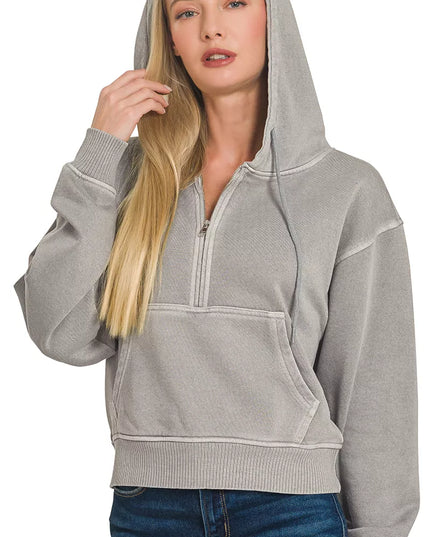 Zenana Fleece Pigment Dye Half Zip Kangaroo Pocket Hoodie - Sleekdenim.com
