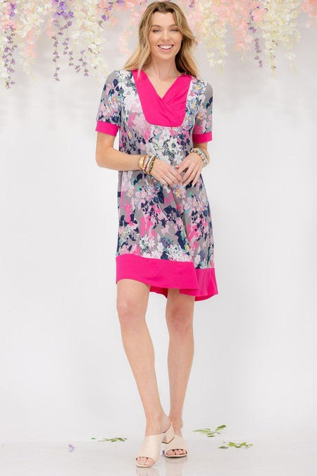 Celeste Full Size Floral Surplice Short Sleeve Dress with Pockets Plus Size - Sleekdenim.com