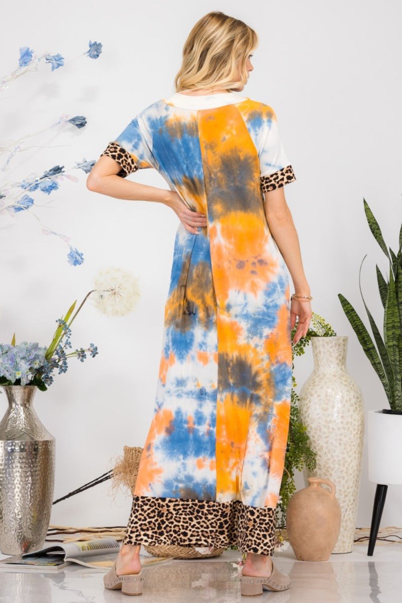 Celeste Full Size Leopard Tie - Dye Button Detail Short Sleeve Maxi Dress Plus Size - Sleekdenim.com