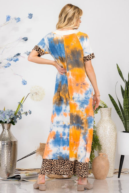 Celeste Full Size Leopard Tie - Dye Button Detail Short Sleeve Maxi Dress Plus Size - Sleekdenim.com