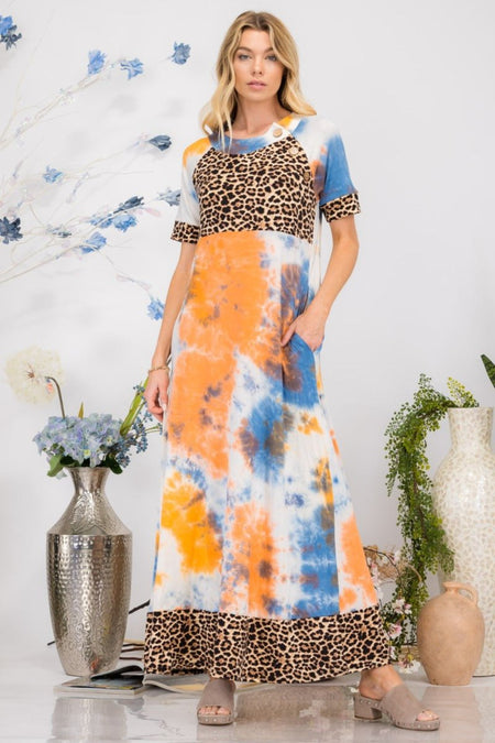 Celeste Full Size Leopard Tie - Dye Button Detail Short Sleeve Maxi Dress Plus Size - Sleekdenim.com