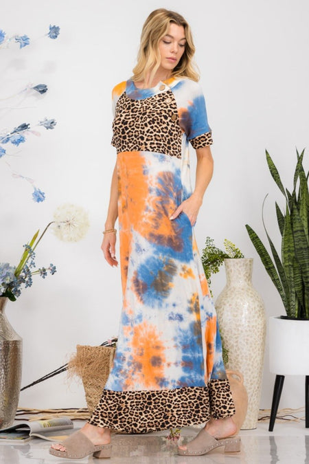 Celeste Full Size Leopard Tie - Dye Button Detail Short Sleeve Maxi Dress Plus Size - Sleekdenim.com