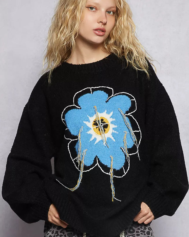 POL Floral Pattern Round Neck Sweater with Exposed Stitching - Sleekdenim.com