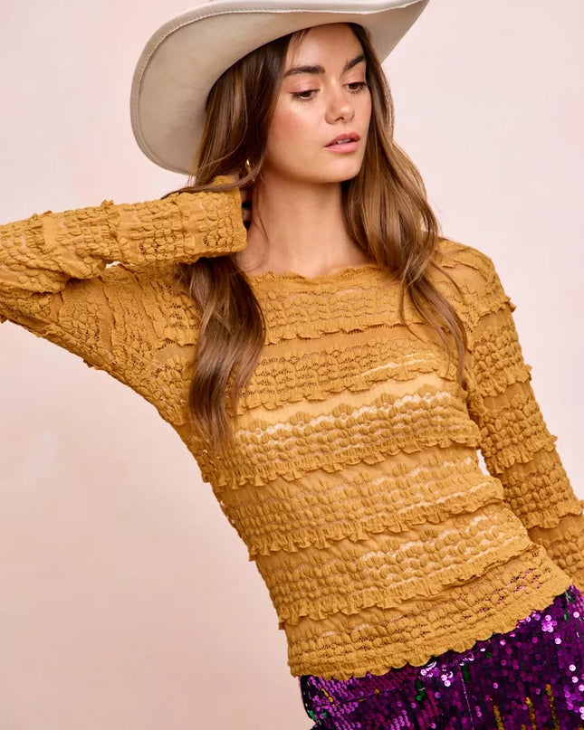 BiBi Ruffles Detail Mardi Gras Color Flower Lace Top - Sleekdenim.com