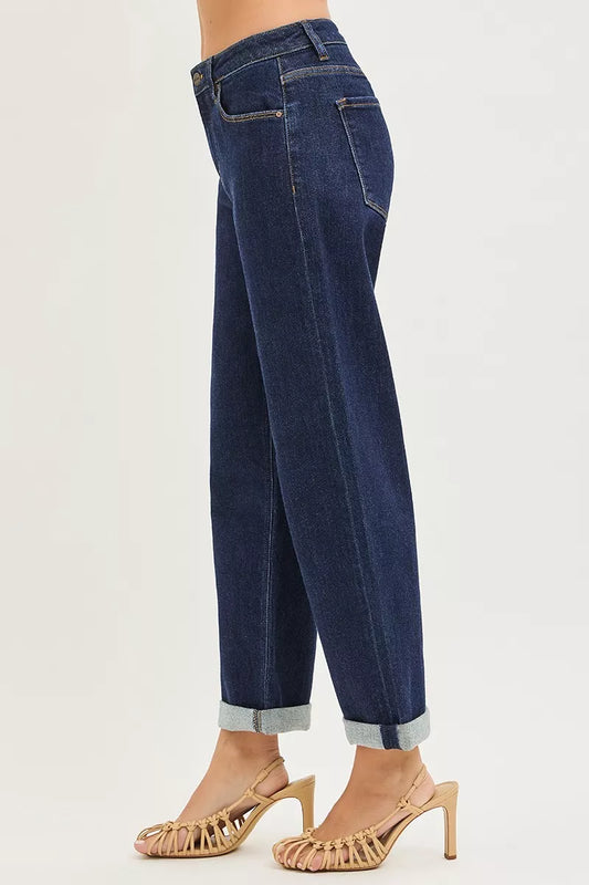 RISEN Slouchy Cropped Mid Rise Boyfriend Jeans With Cuffed Hem in Dark Wash PGC21564