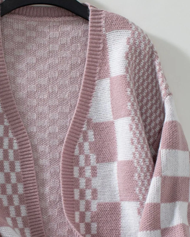 Double Take Checkered Open Front Dropped Shoulder Cardigan - Sleekdenim.com