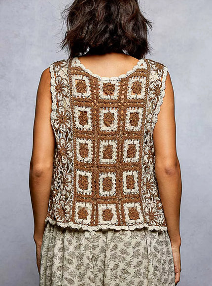 POL Tie Front Floral Pattern Crochet Vest with Scalloped Edge - 10