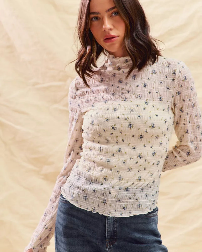 SO ME Floral Print Textured Long Sleeve Knit Top - Sleekdenim.com