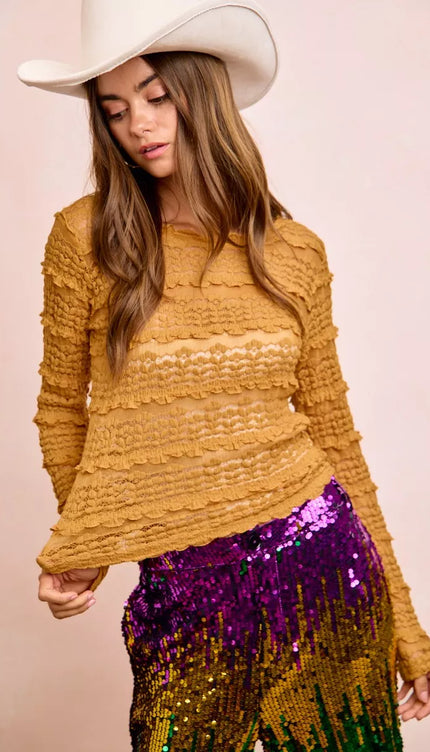 BiBi Ruffles Detail Mardi Gras Color Flower Lace Top - 10