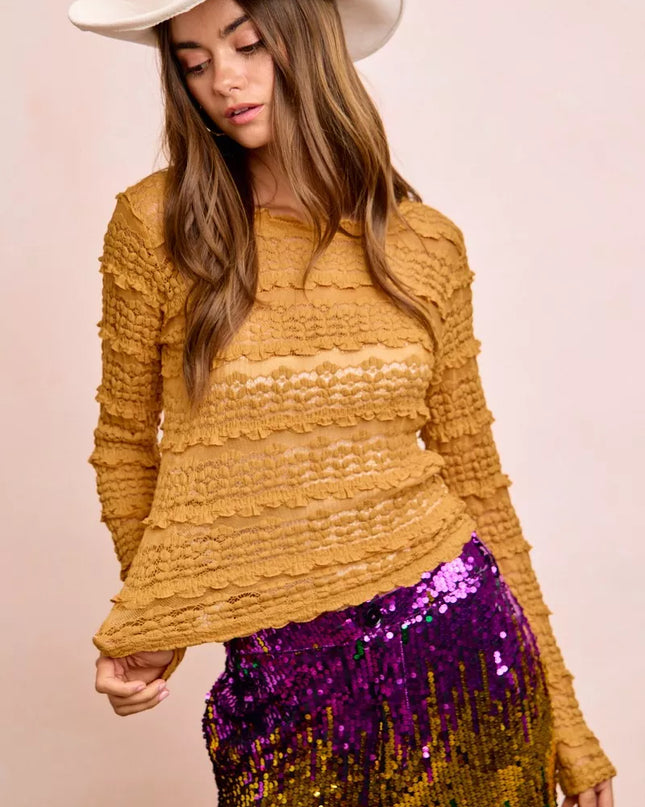 BiBi Ruffles Detail Mardi Gras Color Flower Lace Top - Sleekdenim.com