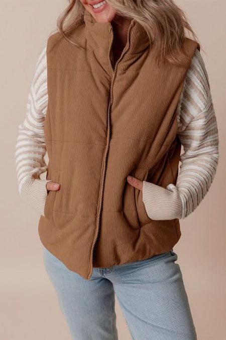 Coffee Corduroy Stand Neck Zipped Puffer Vest - Sleekdenim.com