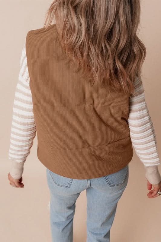 Coffee Corduroy Stand Neck Zipped Puffer Vest - Sleekdenim.com