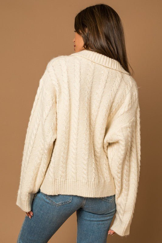 Collared Cable Sweater Cardigan - Sleekdenim.com