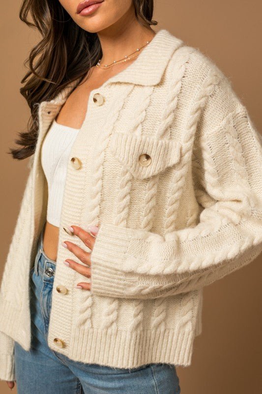 Collared Cable Sweater Cardigan - Sleekdenim.com