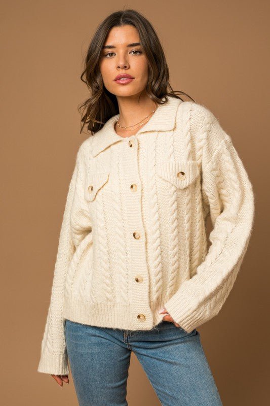 Collared Cable Sweater Cardigan - Sleekdenim.com