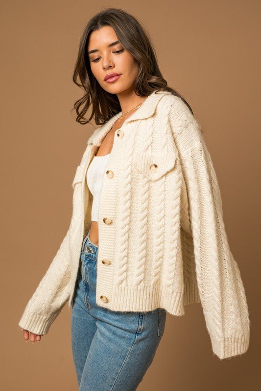 Collared Cable Sweater Cardigan - Sleekdenim.com