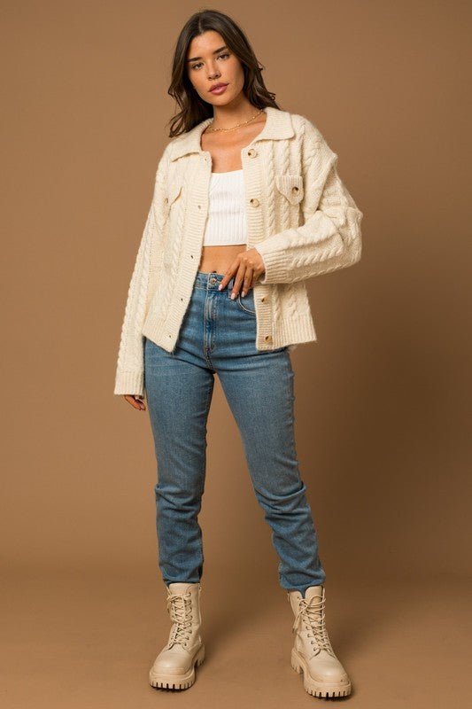 Collared Cable Sweater Cardigan - Sleekdenim.com