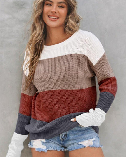 Colorblock Stripe Round Neck Pullover Sweater - Sleekdenim.com