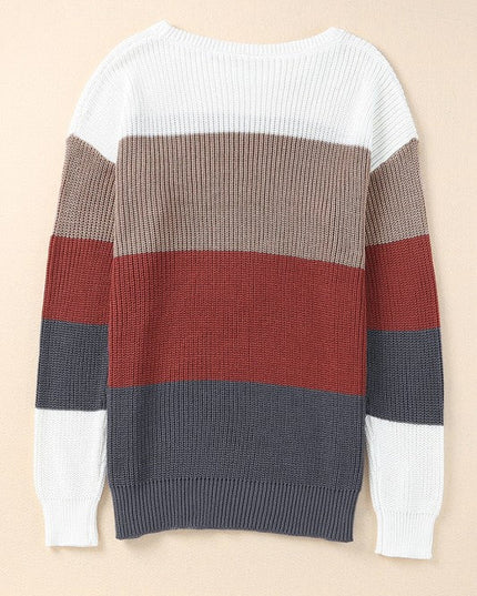 Colorblock Stripe Round Neck Pullover Sweater - Sleekdenim.com