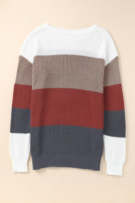 Colorblock Stripe Round Neck Pullover Sweater - Sleekdenim.com