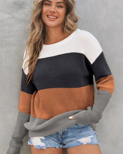 Colorblock Stripe Round Neck Pullover Sweater - Sleekdenim.com