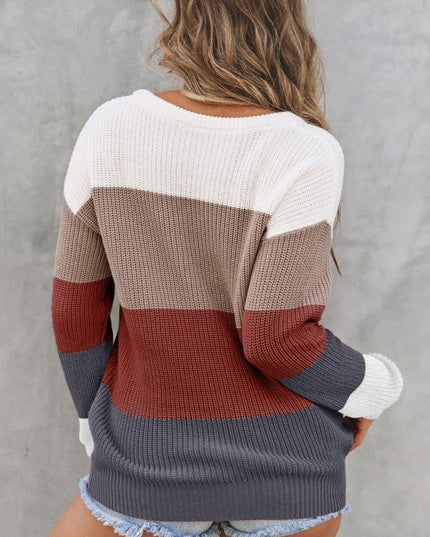 Colorblock Stripe Round Neck Pullover Sweater - Sleekdenim.com