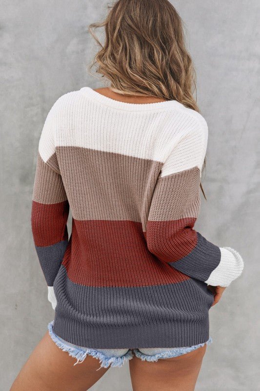 Colorblock Stripe Round Neck Pullover Sweater - Sleekdenim.com