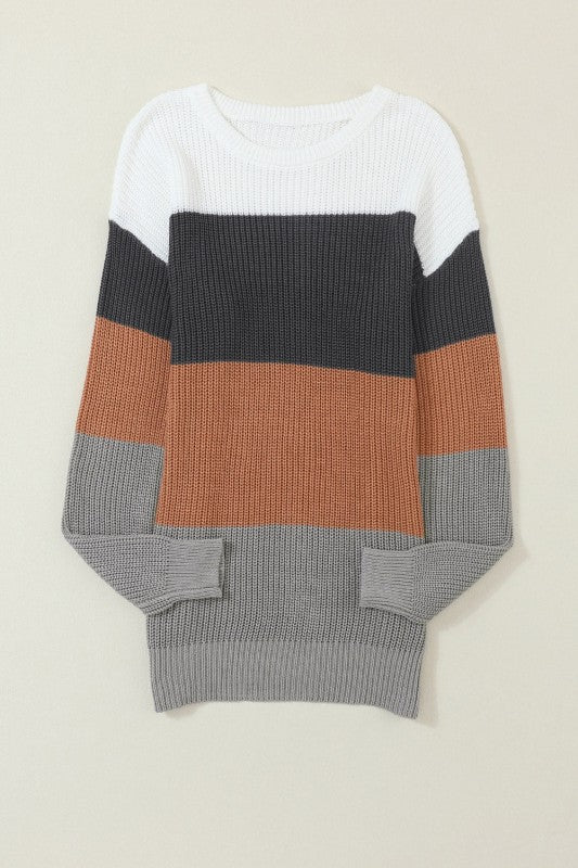 Colorblock Stripe Round Neck Pullover Sweater - Sleekdenim.com