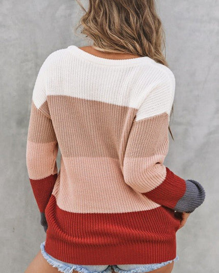 Colorblock Stripe Round Neck Pullover Sweater - Sleekdenim.com