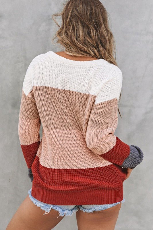 Colorblock Stripe Round Neck Pullover Sweater - Sleekdenim.com