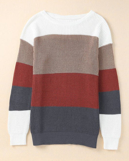 Colorblock Stripe Round Neck Pullover Sweater - Sleekdenim.com