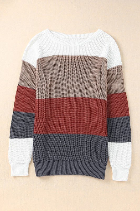 Colorblock Stripe Round Neck Pullover Sweater - Sleekdenim.com