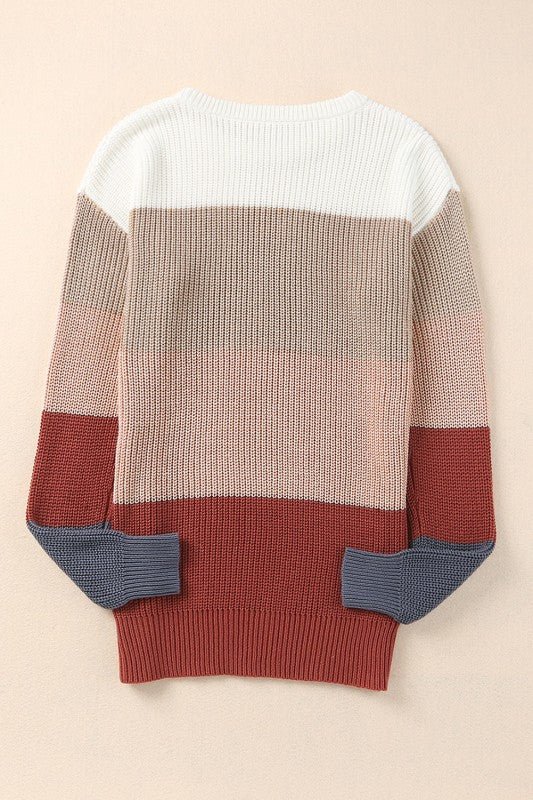 Colorblock Stripe Round Neck Pullover Sweater - Sleekdenim.com
