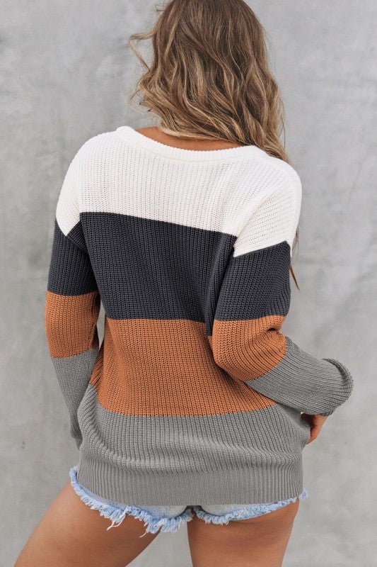 Colorblock Stripe Round Neck Pullover Sweater - Sleekdenim.com