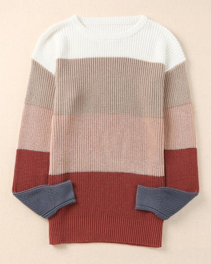 Colorblock Stripe Round Neck Pullover Sweater - Sleekdenim.com