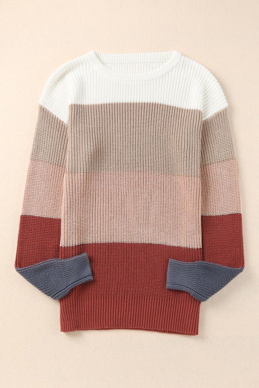 Colorblock Stripe Round Neck Pullover Sweater - Sleekdenim.com