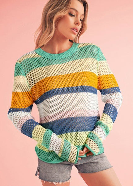Colorblock Striped Hollow Knitted Top - Sleekdenim.com
