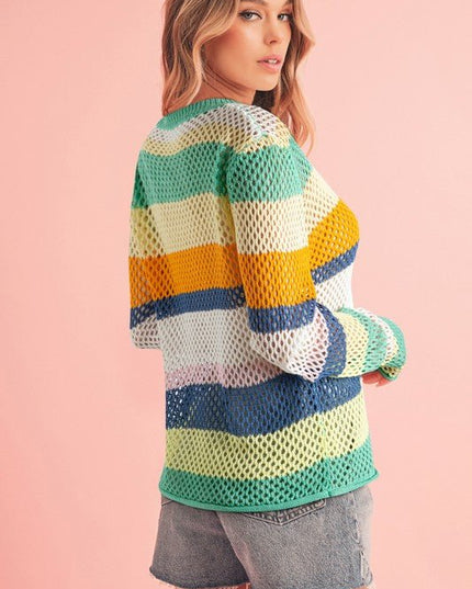Colorblock Striped Hollow Knitted Top - Sleekdenim.com
