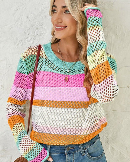 Colorblock Striped Hollow Knitted Top - Sleekdenim.com