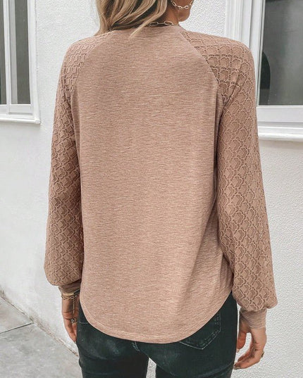 Contrast Lace Raglan Sleeve Plicated Top - Sleekdenim.com