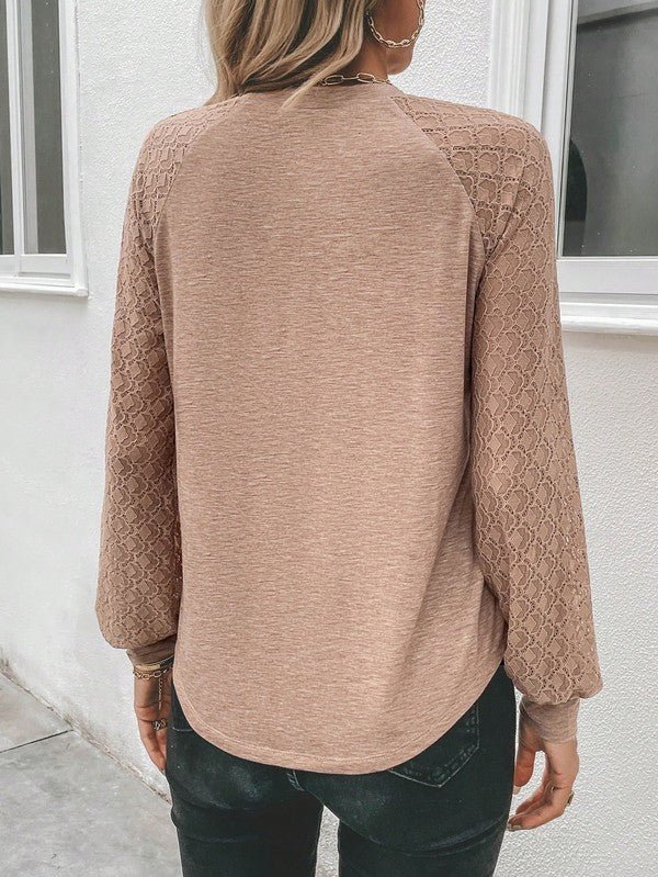Contrast Lace Raglan Sleeve Plicated Top - Sleekdenim.com