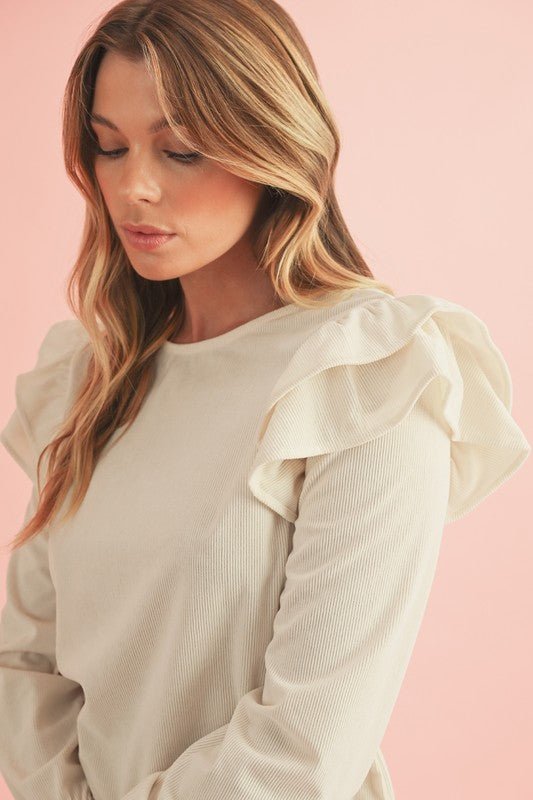 Corduroy Round Neck Ruffled Flounce Sleeve Blouse - Sleekdenim.com