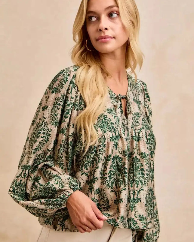 BiBi Printed Woven Front Tied Blouse with Baloon Sleeve - Sleekdenim.com