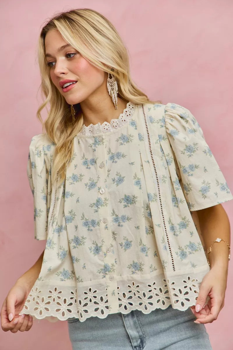 SO ME Floral Print Lace Trim Flutter Sleeves Blouse - Sleekdenim.com