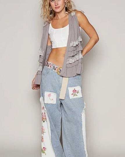 POL Ruffled Open Front Sleeveless Cardigan - Sleekdenim.com