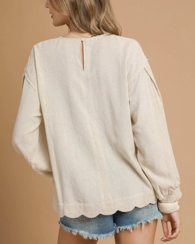 Umgee Linen Scallop Hem Long Sleeve Blouse - Sleekdenim.com
