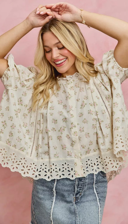 SO ME Floral Print Lace Trim Short Sleeves Blouse - Sleekdenim.com