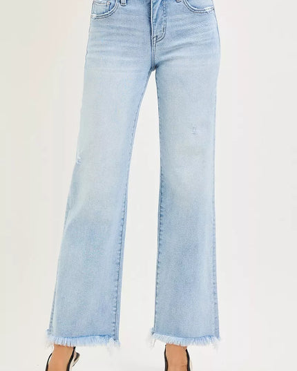 RISEN Tummy Control Mid Rise Ankle Straight Fray Hem Jeans - Sleekdenim.com