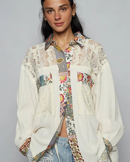 POL Lace Patchwork Floral Trim Long Sleeve Shirt - Sleekdenim.com